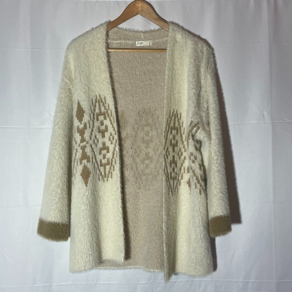 Ruelle Women's Fuzzy Neutral Southwestern Aztec Print Open Cardigan Size S/M